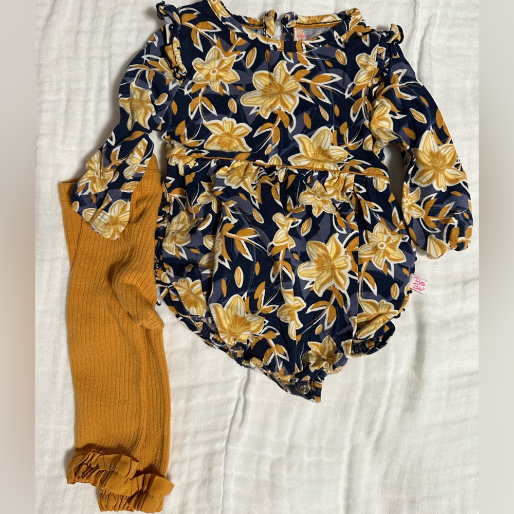 RuffleButts Fields of Gold Floral Stretch Cotton Bubble Romper & Tights Set